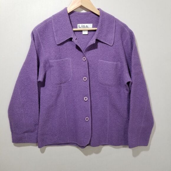 Lisa International Jacket Womens Medium Purple Boiled 100% Wool Button Collared - Picture 1 of 6